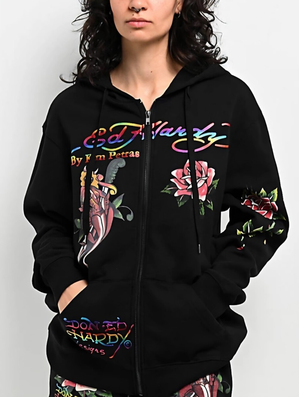 Ed Hardy Kim Petras Dagger Girl Full-Zip Hoodie Sweatshirt - Size Large - Black
